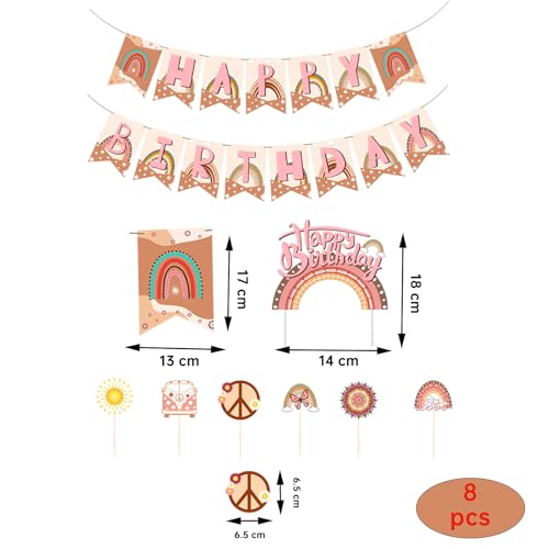 Ovanda Geburtstagsdeko Mädchen, Boho Geburtstagsdeko mit Rainbow, Happy Birthday Banner, Geburtstag Kuchendeko, Regenbogen Kuchen Deko, Geburtstag Girlande, Birthday Flag Cake Decoration Set