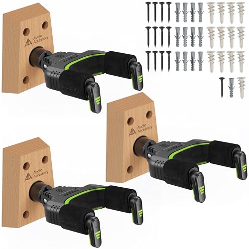 Image of AA AUDIO ACCESSORY Guitar Wall Mount Autolock 3-Pack - Nitro Friendly Velvet Hook (Heavy-Duty Design) 4-Screw Wood Base of 20lbs Load Guitar Wall Hanger for Bass, Acoustic, Classical, Electric Guitar