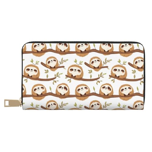 Leather Thin Slim Wallets for Women & Men - Cute Sloth 1 Print Card Wallet Holder with Zipper