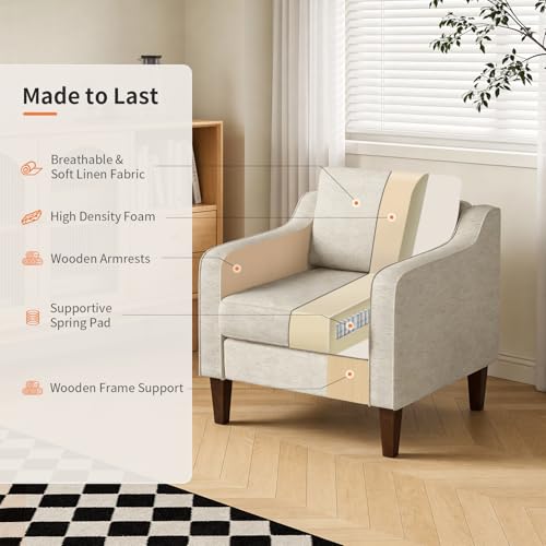 Image of FDW | Accent Chair | Upholstered Arm Chair | Spring Cushion High Density Foam | Durable Wood Legs | Mid-Century Modern Design | Fabric Beige | Living Room, Bedroom, Reading Room, or Apartment