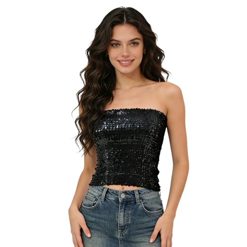 MehelloFeather Sequin Tube Top for Women Sparkly Strapless Crop Top for Party Club and Concert（Black）