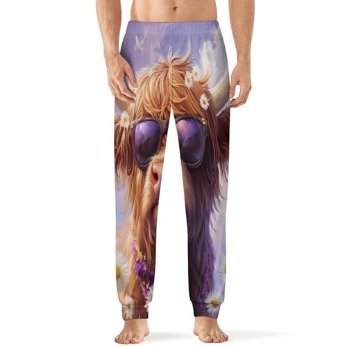 Highland Cow Daisy Flower Men's Pajamas Pants Lightweight Sleep Lounge Pant Pjs Bottoms Casual Sleepwear - Main Image