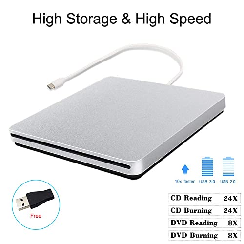 External CD DVD Drive USB C CD DVD Burner/Writer Slim Portable Slot in CD DVD Reader for MacBook Pro/Air/Mac/Laptop/Windows10 (Sliver) - Thumbnail 2