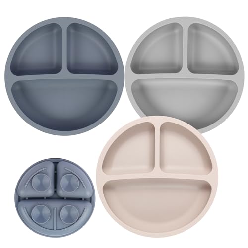 Image of Eascrozn Toddler Plates, 3 Pack Divided Baby Plates with Suction, Food Grade Silicone Baby Led Weaning Supplies, BPA Free, Non-Slip, Microwave and Dishwasher Safe