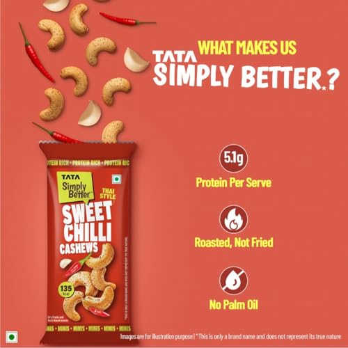Image of Tata Simply Better Thai Style Sweet Chilli Cashews, 23g (Pack of 5), Rich in Protein, Delicious Kaju Nuts, Party Snack, Ready To Eat Snack, No Palm Oil, No Trans Fat