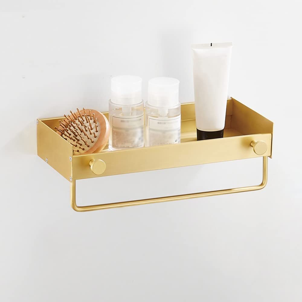 ZJHFFFG Bathroom Shelf Brushed Gold Aluminum Shower Caddy Wall-Mounted Shower Storage Rack with Hook Bar Cosmetics Shampoo Organizer