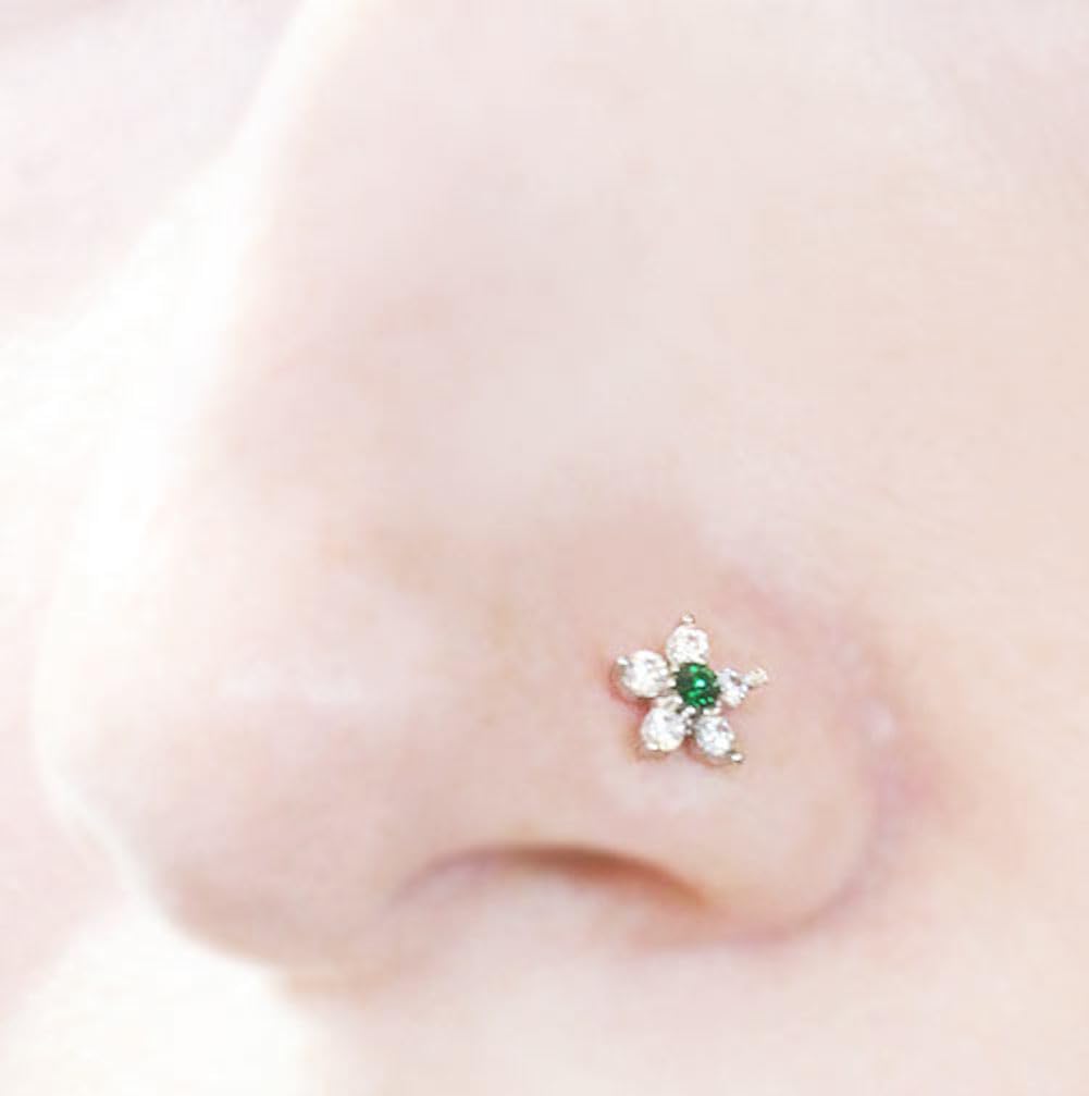 FIFTH CUE 20G 6 CZ Flower Top 316L Surgical Steel L Bend Stud Nose Ring