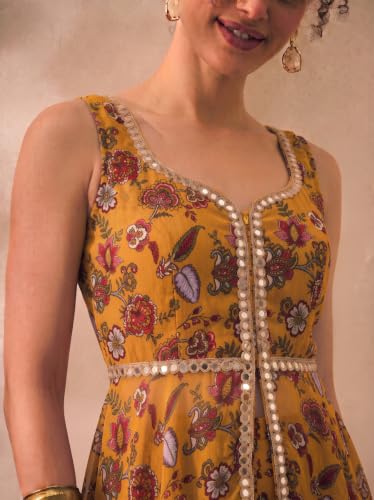 Image of DEEBACO Paisley Chiffon Corset Top With Palazzo & Dupatta Fusion Co-Ord Set For Women's | Lace Work Scoop Neck Sleeveless Fit & Flared Indo Western 3 Pieces Set Festive Casual Wear Outifit (Yellow)
