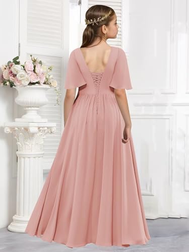 BOLENSYE Short Sleeve Junior Bridesmaid Dresses for Wedding Chiffon Flower Girls Dress Birthday Party Gown with Slit2