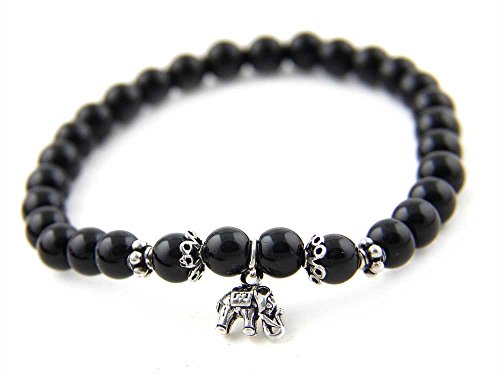 Agathe creation P182014 Bracelet tibetain Porte Bonheur - Pendentif éléphant en Argent 925 - Perles en Pierres d'onyx - Perles en Argent 925 - Noir - Taille sur Mesure - Fait Main