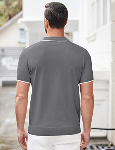 Coofandy Men's Zipper Polo Shirt Casual Knit Short Sleeve Polo T Shirt Classic Fit Shirts Gray Large #TOP3
