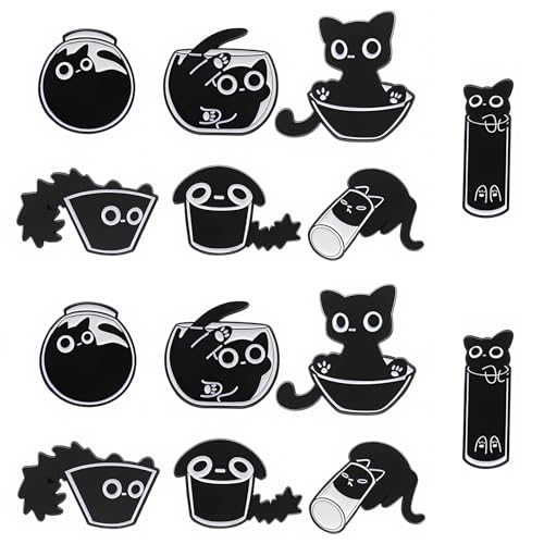 14 Pines de Pin, Gatos Negros Esmalte Pines de Solapa Pines Animales Broche Lindo Dibujos Animados Gato Insignia para Hombres Mujeres