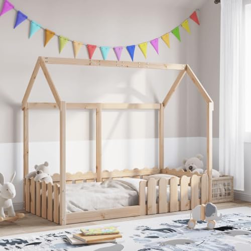 HaoChrymec Cama Infantil con Formato Casita, de Madera de Pino Macizo, Diseño Divertido con Barandillas de Seguridad, Ideal para Habitación Infantil o Juvenil, Color Natural, 80x160 cm