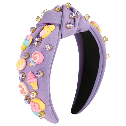 Gmmidea Ice Cream Knotted Headbands for Women Sweet Candy Lollipop Doughnut Headband Crystal Embellished Pretty Hairband Cute Birthday Sparkle Hair Accessories