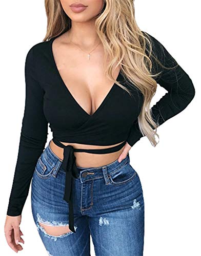 Artfish Women Sexy Deep V Neck Crop Top Bandage Wrap Tie Tight Cropped Fitted Cleavage Shirts2