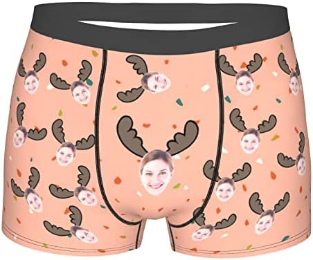 Jinlinjew Custom Face Boxer Briefs, Personalized Printed Photo with Christmas Hat, Customize Girlfriend Faces Funny Novelty Shorts Xmas Underwear Lover Flat Pants