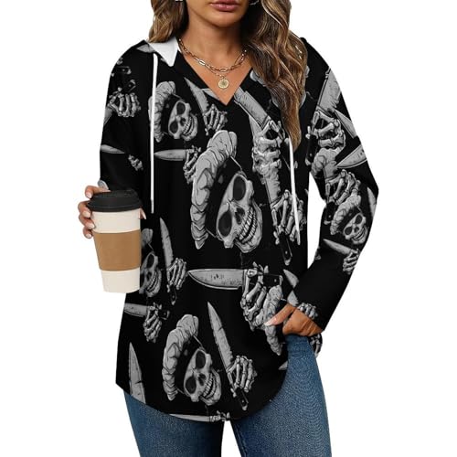 Chef Skull Cooking-Kn-ifes Hoodies for Women V Neck Pullover Sweatshirts Long Sleeve Shirts Fashion Tops