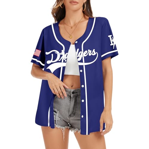 Baseball Button Up Shirt for Women Quick-Dry Sporty Team Style Fan Jersey Graphic Short Sleeve Tops for Game Day(Blue S)
