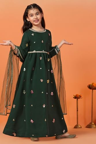 Image of Fashion Dream Girls Chanderi Embroidered Maxi Dress with Dupatta|Ethnic Gown for Kids