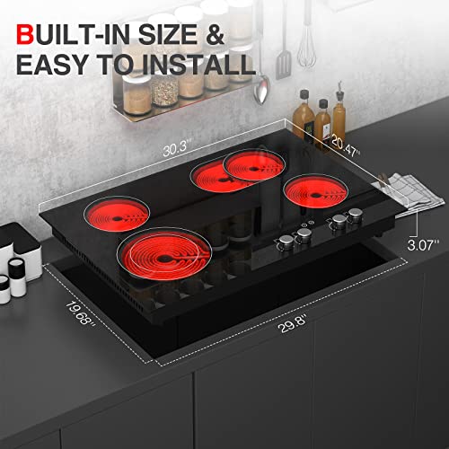 Qtyancy Electric Cooktop, 30 Inch Built-In Electric Smoothtop With 4 Elements, Touch & Knob Control, 9 Heating Levels, Child Lock, Timer, Hot Surface Indicator, 240V 6800W Electric Stove Top Hot Plate #TOP5