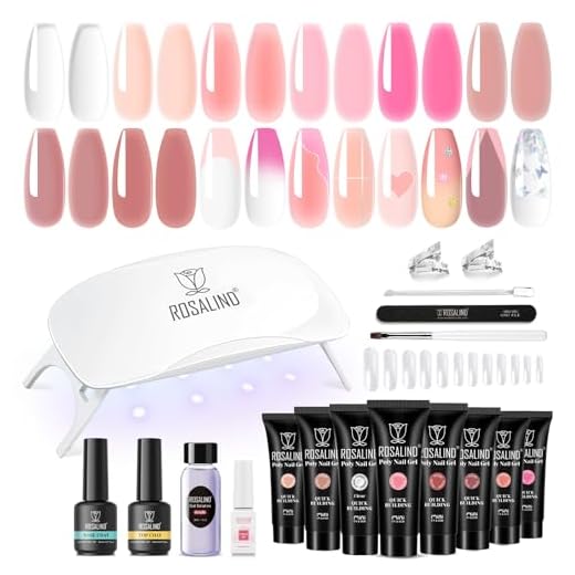 ROSALIND Gelnägel Starterset, 8*10 ml Mini Poly Nail Gel Set mit UV Lampe, Base Top Coat und Maniküre-Werkzeuge, Nagelverlängerungs Gel Starter Set für Profesionelle Salon & zu Hause DIY
