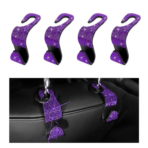 Gasedin 4PCS Bling Car Seat Headrest Hooks, Auto Back Seat Hanging Storage Organizer for Purse Handbag Coat, Rhinestone Vehicle Seat Hanger Holder for Women Girls, Car Accessories (Purple)