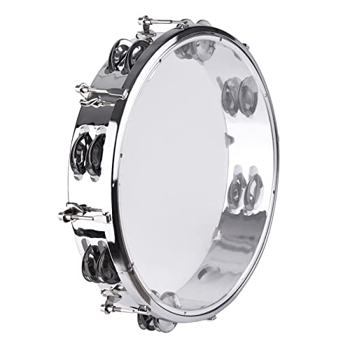Tambourine, Handbell, Jingle Bell Double Row Metal Cymbals Drum Instrument, Handheld Percussion for Dancing, Singing, Karaoke, Music Class (10-inch)