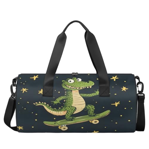 Skateboarding Dinosaurs Round Barrel Sports Fitness Bag, Travel Luggage Bag, Reusable Handbag, Suitable For Men and Women2