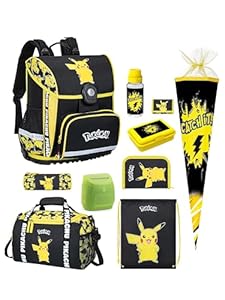 Familando - Schulranzen Set 10-teilig mit Schultüte - Pokémon mit Pikachu Motiv - Ergonomisch, stabil & mit gepolstertem Rücken - 990g leicht, 16L Volumen - Mit Reflektoren - ab 1. Klasse