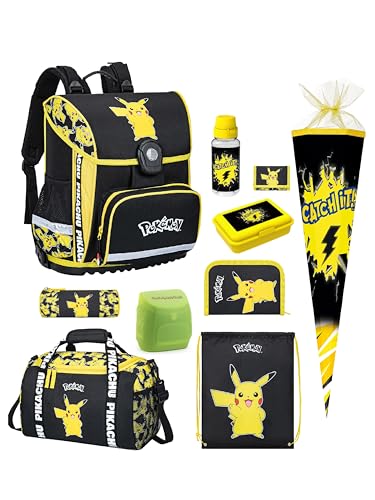Familando - Schulranzen Set 10-teilig mit Schultüte - Pokémon mit Pikachu Motiv - Ergonomisch, stabil & mit gepolstertem Rücken - 990g leicht, 16L Volumen - Mit Reflektoren - ab 1. Klasse