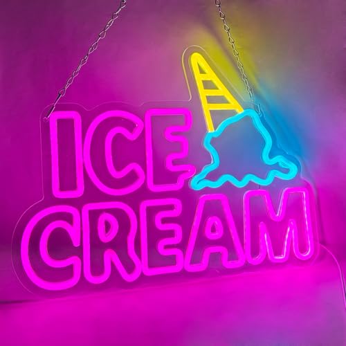 Image of Ice Cream Neon Sign, Neon Signs for Wall Decor, Yellow Blue Pink Light Up Sign Word LED Neon Sign USB Powered Neon Wall Signs for Bedroom Restaurant Cafe Drink Bar Business Ice Cream Shop