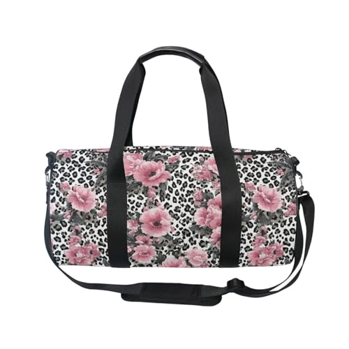 Flower Leopard Print Sports Duffel Bag Barrel Gym Bag with Large Main Compartment, Side Pocket and Zippered Pouch Full Print Design for Fitness Short Trips and Outdoor Sports2