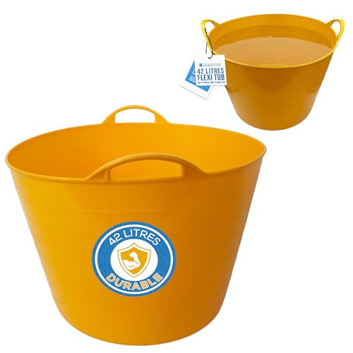 42L Yellow Flexi Tub - Multi-purpose Garden Tubs with Handles - Builders Buckets Heavy Duty - Ideal Plastic Bucket & Flexi Bucket - Durable Flexible Plastic Baskets (PACK OF 1)