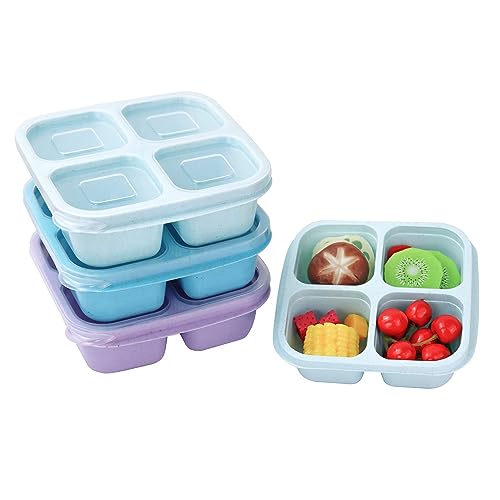 Finorder 3 Pack Wheat Straw Containers, 4 Compartment Reusable Snack Bento Box Toddler, Meal Prep Lunch Box Containers for Kids Adults, Food Containers for School,Office and Travel(Pastel Colored)