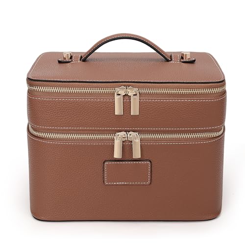 HiTotes Large Makeup Bag Duo Vanity Case for Women Leather Makeup Case Travel Toiletry Bag Portable Double Layer Cosmetic Bag