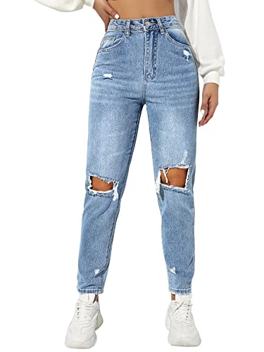 SweatyRocks Women's Ripped Boyfriend Jeans Distressed High Waist Silm Fit Denim Pants