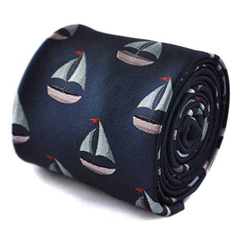 Frederick Thomas Navy Blue Tie with Embroidered Sailing Boat Design, Nautical Themed Tie for Office, Weddings and Parties, Classic 8cm Width