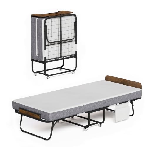 VENNQD Folding Bed with 5" Mattress Wooden Headboard Side Pocket Cot Size Portable Beds for Adults Folded Guest Bed, Home Office,Fold Up Roll Away Beds for Easy Storage (Rustic Brown, Cot 75x31)