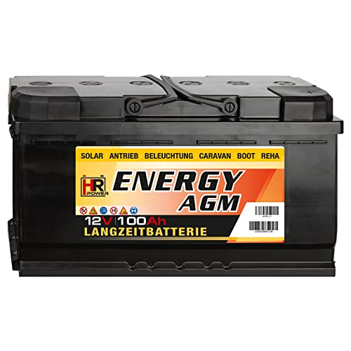 HR-ENERGY 100Ah AGM Batterie 12V – Wohnmobil Solarbatterie wartungsfrei vibrationsgeschützte Freizeitbatterie Camping Akku Deep-Cycle Wohnwagen Akku