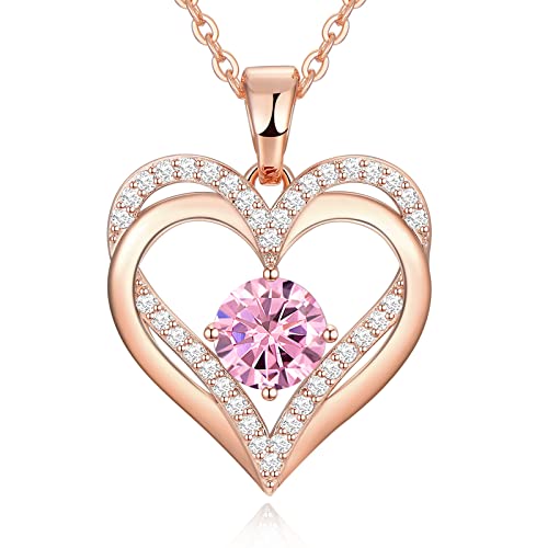 Dfunh Rose Gold Necklaces For Wife 925 Sterling Silver Necklace For Her Girls Heart Birthstone Diamond Pendant Necklace Birthday Anniversary Mother's Day Necklace Gifts For Mom Wife Girlfriends( Gold-Oct-Tourmaline) #TOP2