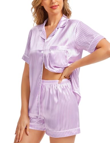 Image of SWOMOG Womens Silk Satin Pajamas Set Short Sleeve Sleepwear Button Down Top and Shorts Loungewear 2 Piece Pjs Set XS-3XL
