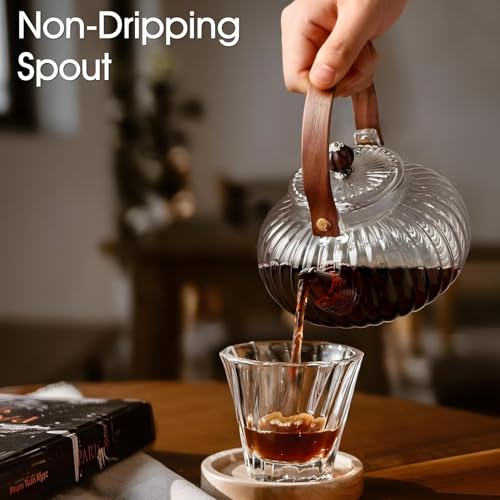 Image of Glass Teapot with Infuser, Stovetop & Microwave Safe Borosilicate Glass Kettle with Wooden Handle for Loose Leaf and Fruit Tea, Clear, 1 Liter Capacity