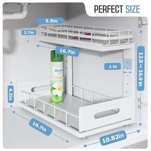 Image of Under Sink Organizer Upgrade To Professional Rails,2-Tier Dual Pull Out Cabinet Storage,Height Adjustable Slide Out Drawers For Bathroom Kitchen,2 Pack-16.7 inchDx12.8 inch-16.9 inchH,White