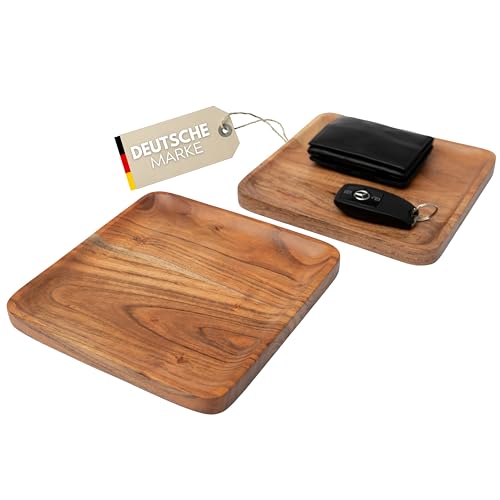 Plogis Bandeja Cuadrada de Acacia - Juego de 2 Bandejas Decorativas de 20 x 20 cm - Tabla Alargada y Rectangular de Madera
