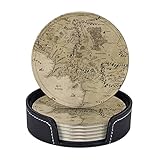 SEPTYK Middle Earth Map Pattern Coasters for Drinks with Holder Set of 6 Leather Round 4" for Home Kitchen Decor Coffee Cup Housewarming