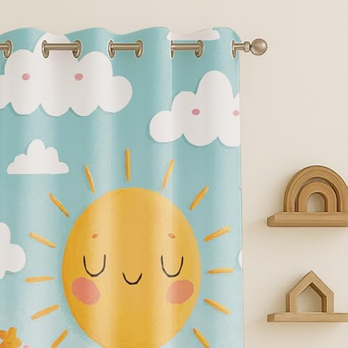 Image of STITCHNEST Velvet Kids Curtains Pack of 2 | Smiling Sun & Floral Hills Print | Semi Blackout Curtains for Nursery, Toddler & Baby Room | 7 Feet