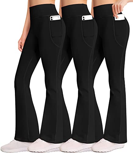 AENLLEY Girl Yoga Flare Wide Leg Tummy Control Stretchy Pants for Causal with Pockets 3 Pack