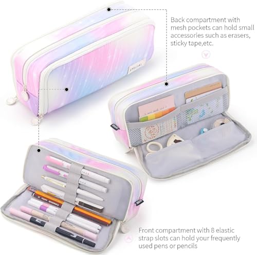 Image of Canvas School Bag Pencil Case, 3 Layer 6 Compartment Large Capacity, Aesthetic Pencil Pouch for Stationary, Cute Stationery for Kids, Pencil Case for Girls & Boys (Rainbow Pink)