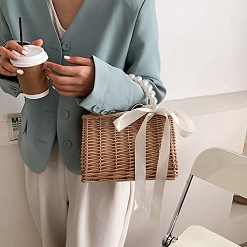 Image of KESYOO Pearl Straw Handbag Beach Bag for Women with Drawstring Closure Portable Tote for Vacation Shopping Outdoor Travel 9.05 X 5.90 X 4.72 in