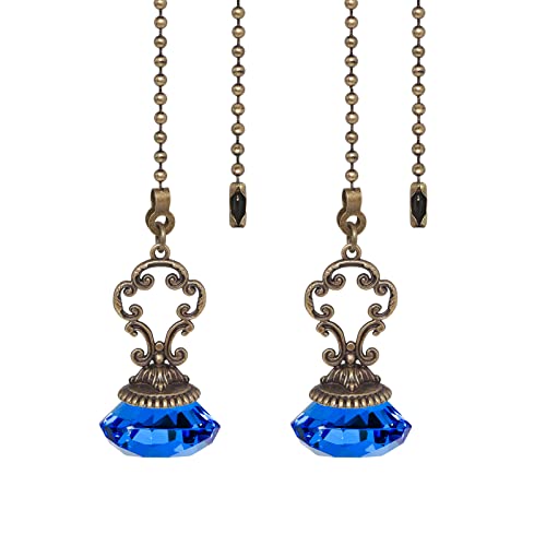 Image of 2pcs Blue Crystal Fan Pull Diamond Drop Vintage Pull Chain Ceiling Pull Chain Extender with Connector